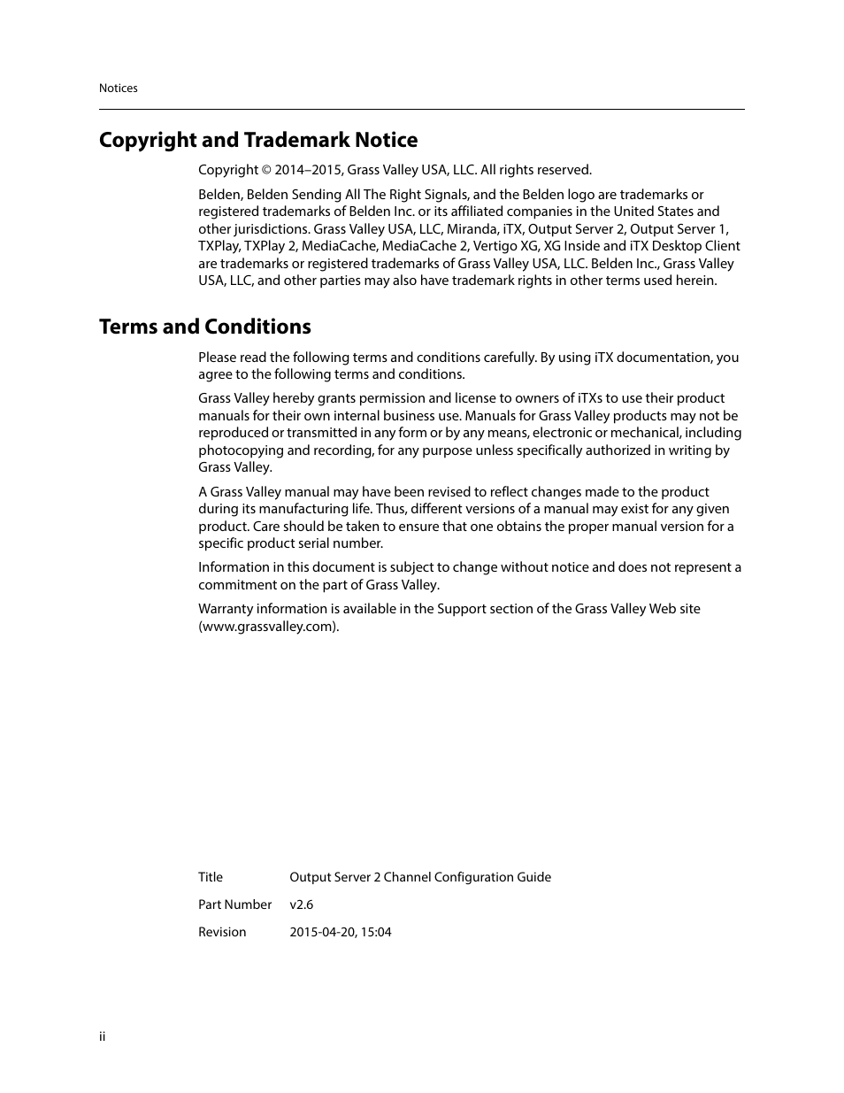 Copyright and trademark notice, Terms and conditions | Grass Valley iTX Output Server 2 v.2.6 User Manual | Page 2 / 75