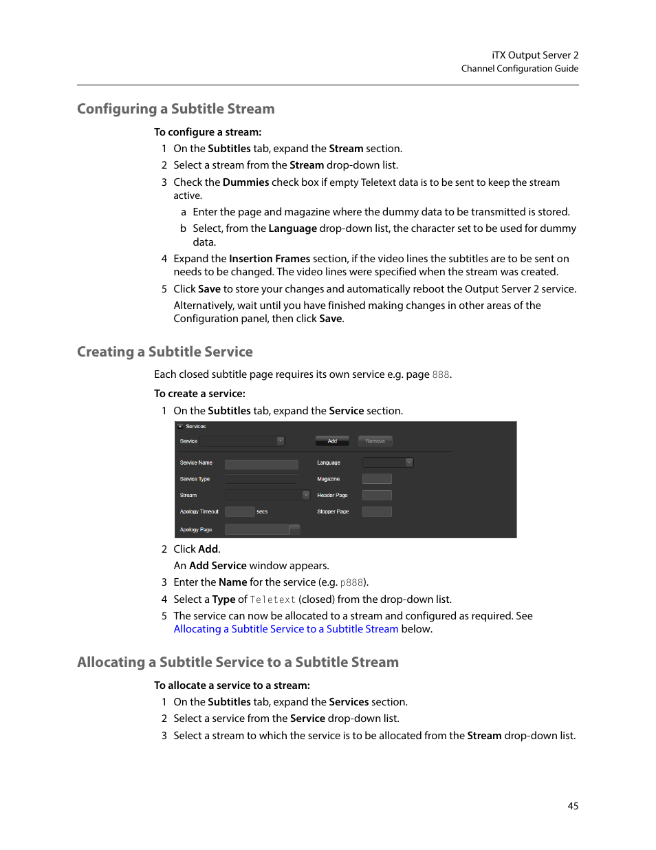 Configuring a subtitle stream, Creating a subtitle service, Allocating a subtitle service to a subtitle stream | Below | Grass Valley iTX Output Server 2 v.2.6 User Manual | Page 51 / 75