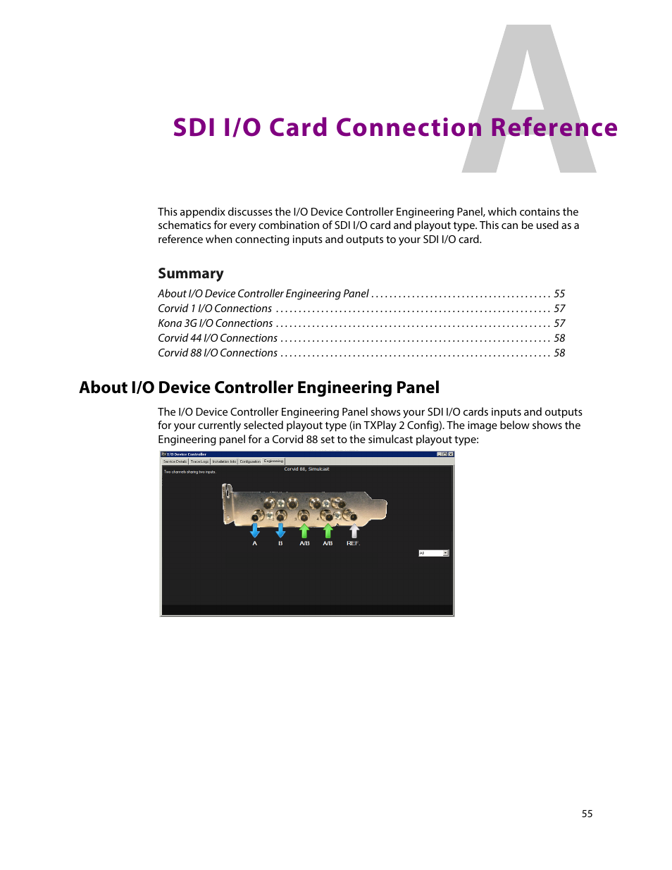 Sdi i/o card connection reference, About i/o device controller engineering panel, Appendix a sdi i/o card connection reference | Grass Valley iTX Output Server 2 v.2.6 User Manual | Page 61 / 75