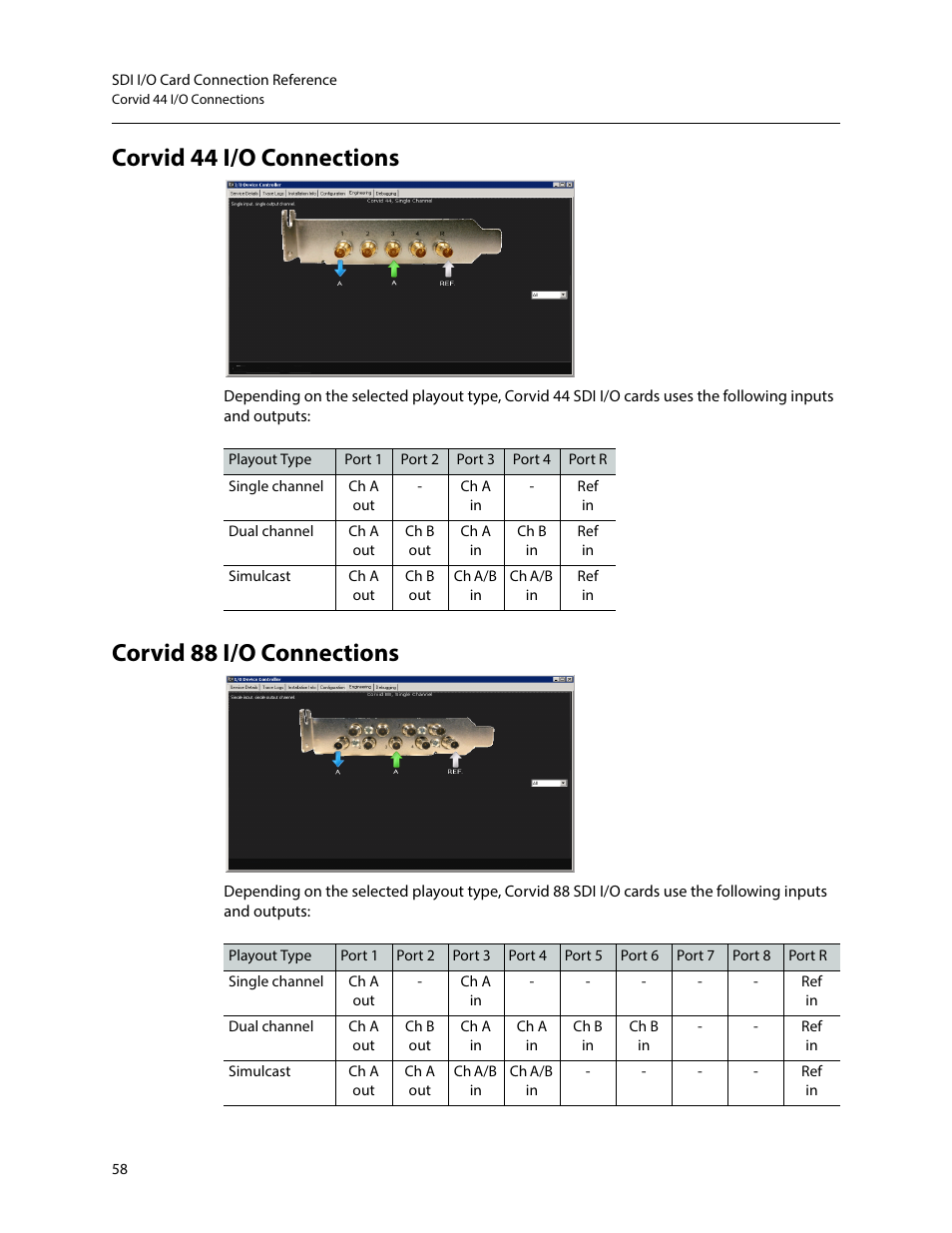 Corvid 44 i/o connections, Corvid 88 i/o connections | Grass Valley iTX Output Server 2 v.2.6 User Manual | Page 64 / 75