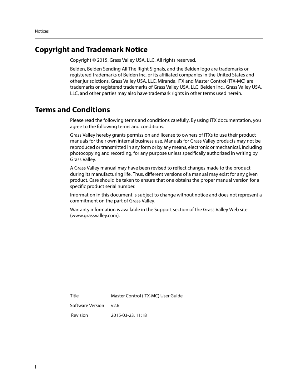 Copyright and trademark notice, Terms and conditions | Grass Valley iTX Master Control v.2.6 User Manual | Page 2 / 44