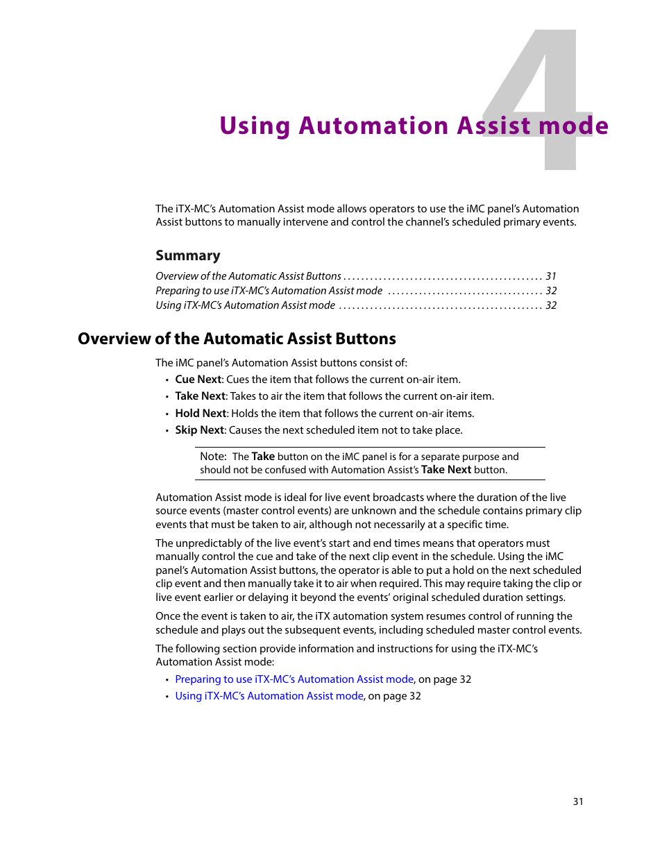 Using automation assist mode, Overview of the automatic assist buttons, 4 using automation assist mode | Summary | Grass Valley iTX Master Control v.2.6 User Manual | Page 35 / 44