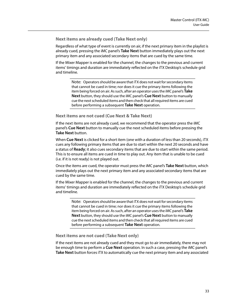 Next items are already cued (take next only), Next items are not cued (cue next & take next), Next items are not cued (take next only) | Grass Valley iTX Master Control v.2.6 User Manual | Page 37 / 44