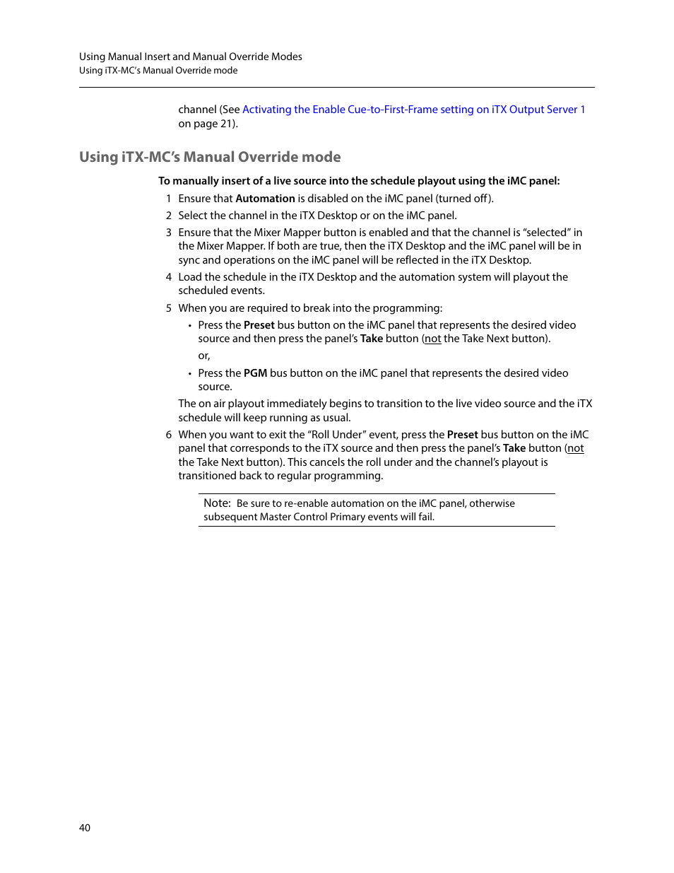 Using itx-mc’s manual override mode | Grass Valley iTX Master Control v.2.6 User Manual | Page 44 / 44