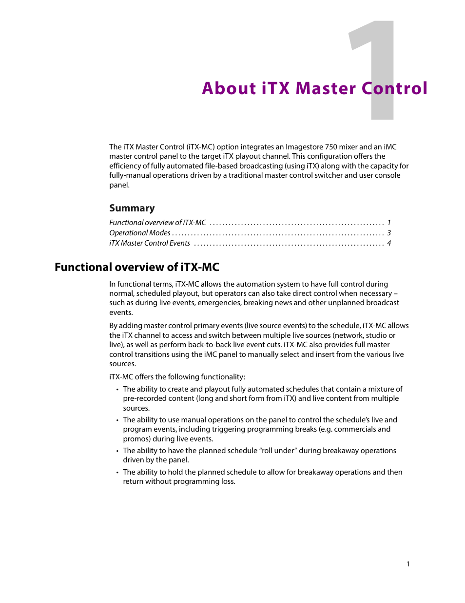 About itx master control, Functional overview of itx-mc, 1 about itx master control | Grass Valley iTX Master Control v.2.6 User Manual | Page 5 / 44