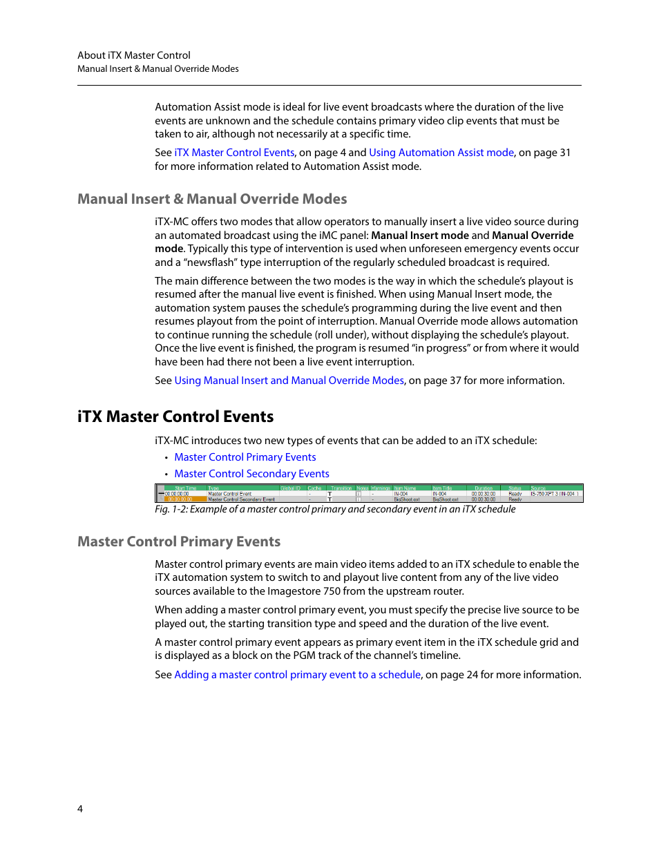 Manual insert & manual override modes, Itx master control events, Master control primary events | Grass Valley iTX Master Control v.2.6 User Manual | Page 8 / 44