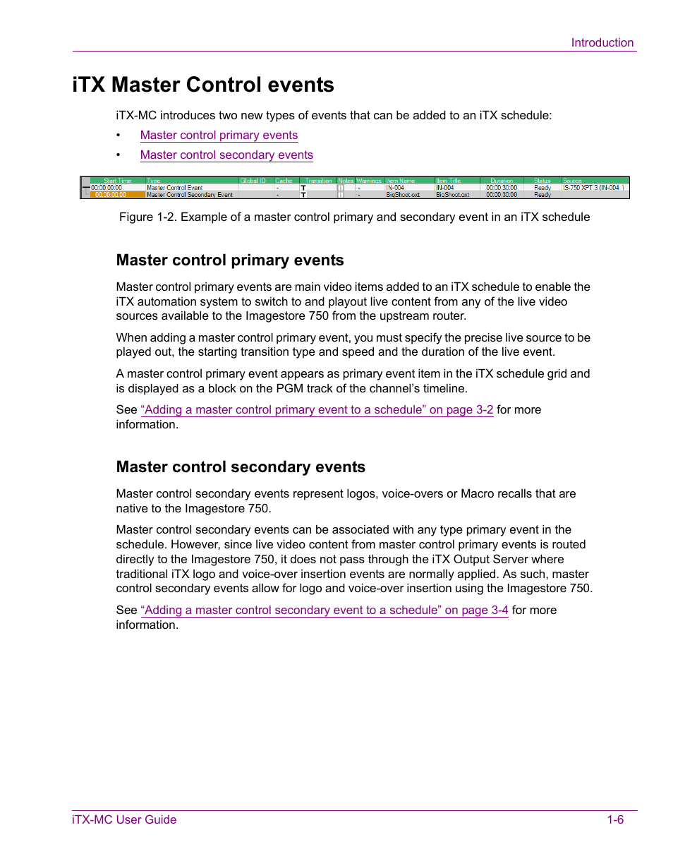 Itx master control events, Itx master control events -6, Master control primary events | Master control secondary events | Grass Valley iTX Master Control v.2.3 User Manual | Page 10 / 48