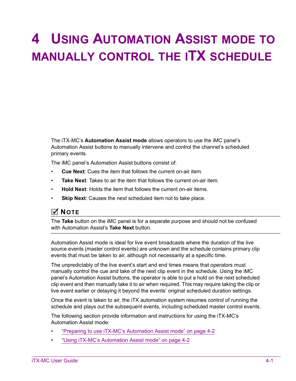 Using automation assist mode to, Sing, Utomation | Ssist, Mode, Manually, Control, Schedule | Grass Valley iTX Master Control v.2.3 User Manual | Page 38 / 48