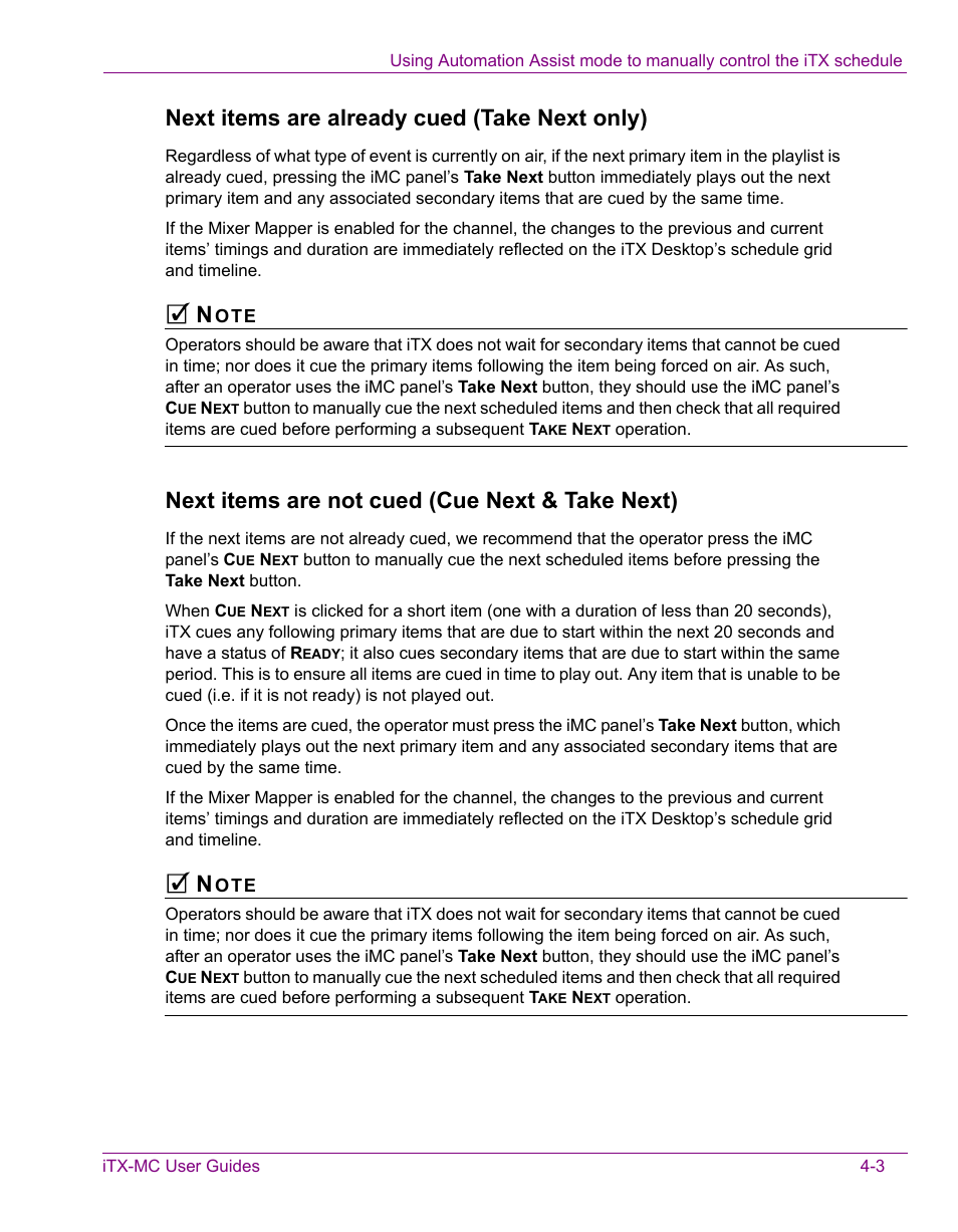 Next items are already cued (take next only), Next items are not cued (cue next & take next) | Grass Valley iTX Master Control v.2.3 User Manual | Page 40 / 48