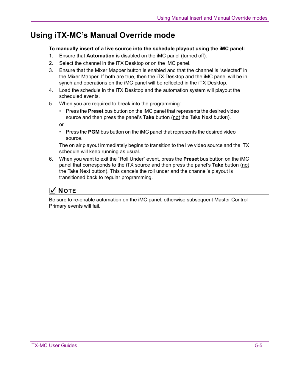 Using itx-mc’s manual override mode, Using itx-mc’s manual override mode -5 | Grass Valley iTX Master Control v.2.3 User Manual | Page 48 / 48
