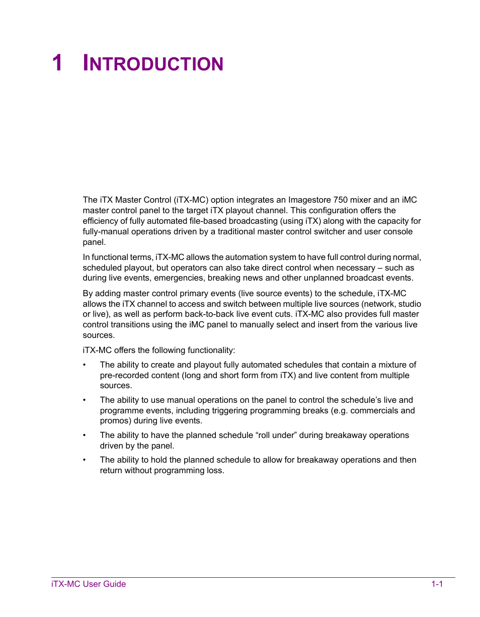 1 introduction, Introduction -1, Ntroduction | Grass Valley iTX Master Control v.2.3 User Manual | Page 5 / 48