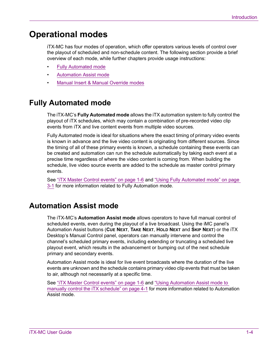 Operational modes, Fully automated mode, Automation assist mode | Operational modes -4, Fully automated mode -4 automation assist mode -4 | Grass Valley iTX Master Control v.2.3 User Manual | Page 8 / 48