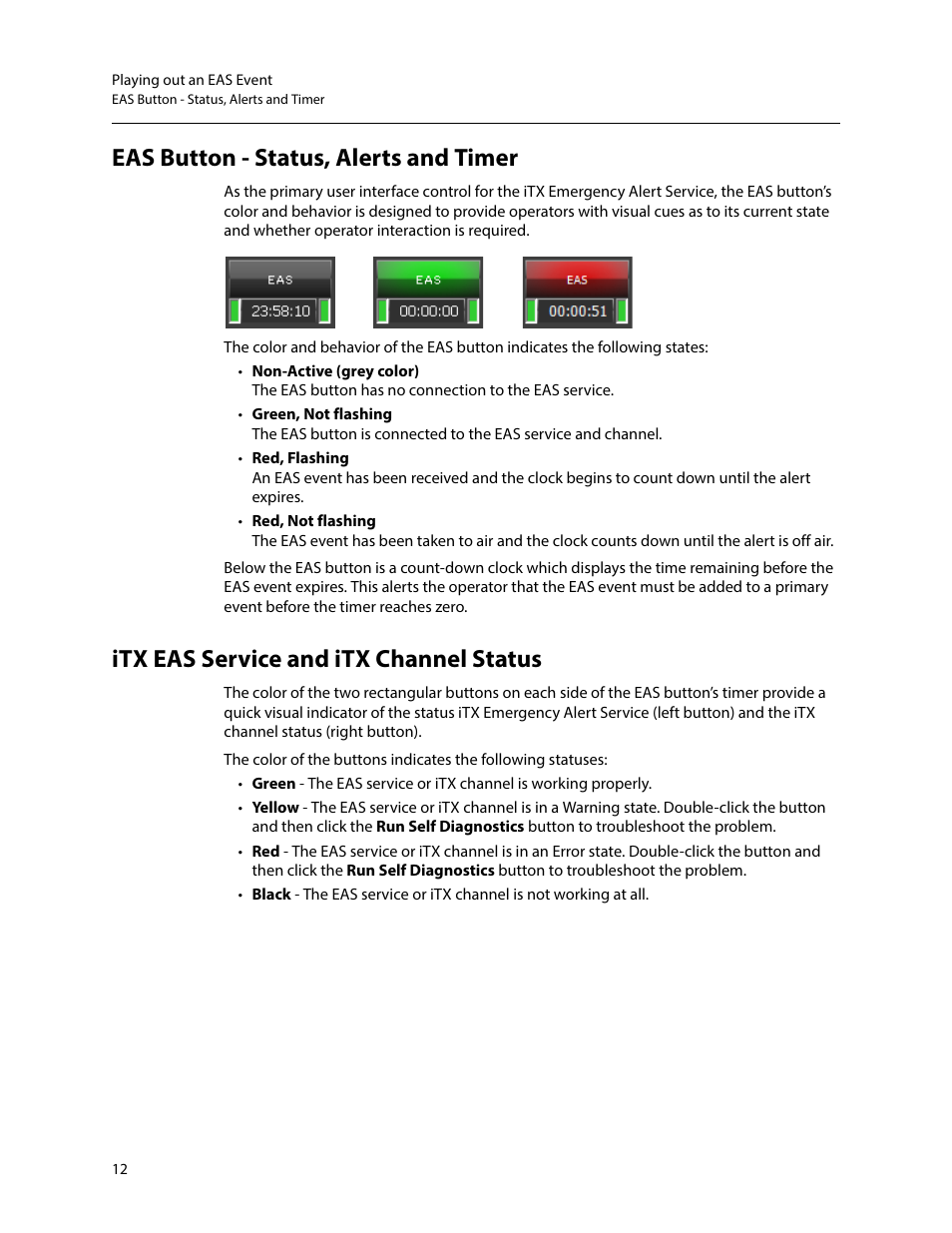 Eas button - status, alerts and timer, Itx eas service and itx channel status | Grass Valley iTX Emergency Alert Service v.2.6 User Manual | Page 16 / 21
