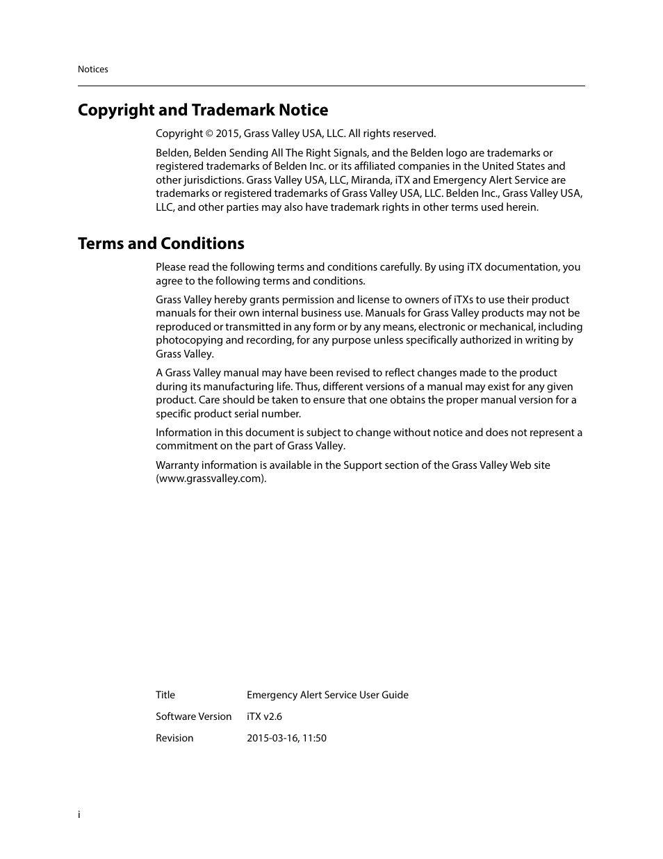 Copyright and trademark notice, Terms and conditions | Grass Valley iTX Emergency Alert Service v.2.6 User Manual | Page 2 / 21