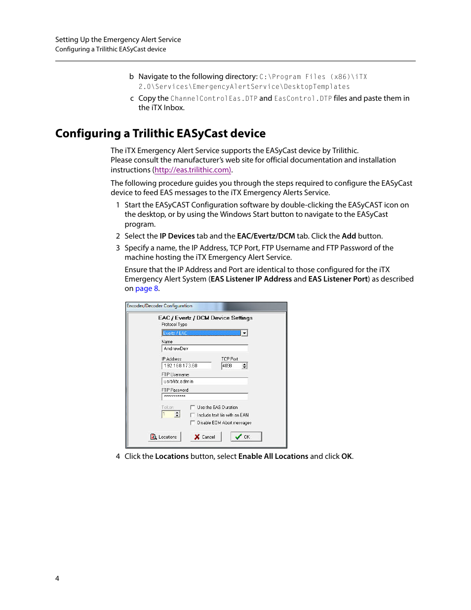 Configuring a trilithic easycast device | Grass Valley iTX Emergency Alert Service v.2.6 User Manual | Page 8 / 21