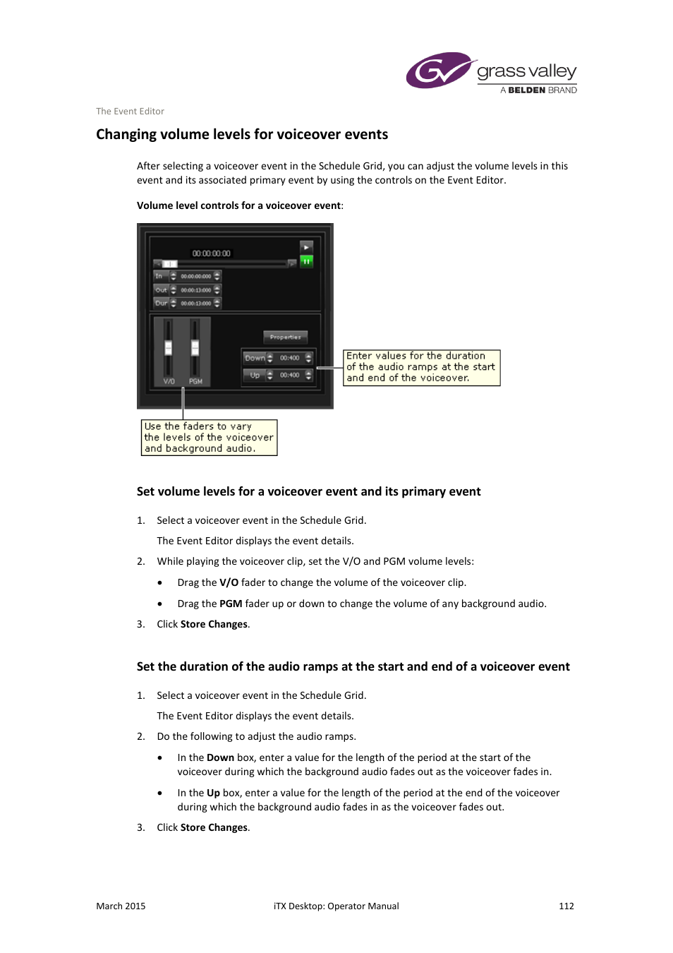 Changing volume levels for voiceover events, More details, E 112 | Grass Valley iTX Desktop v.2.6 User Manual | Page 132 / 373