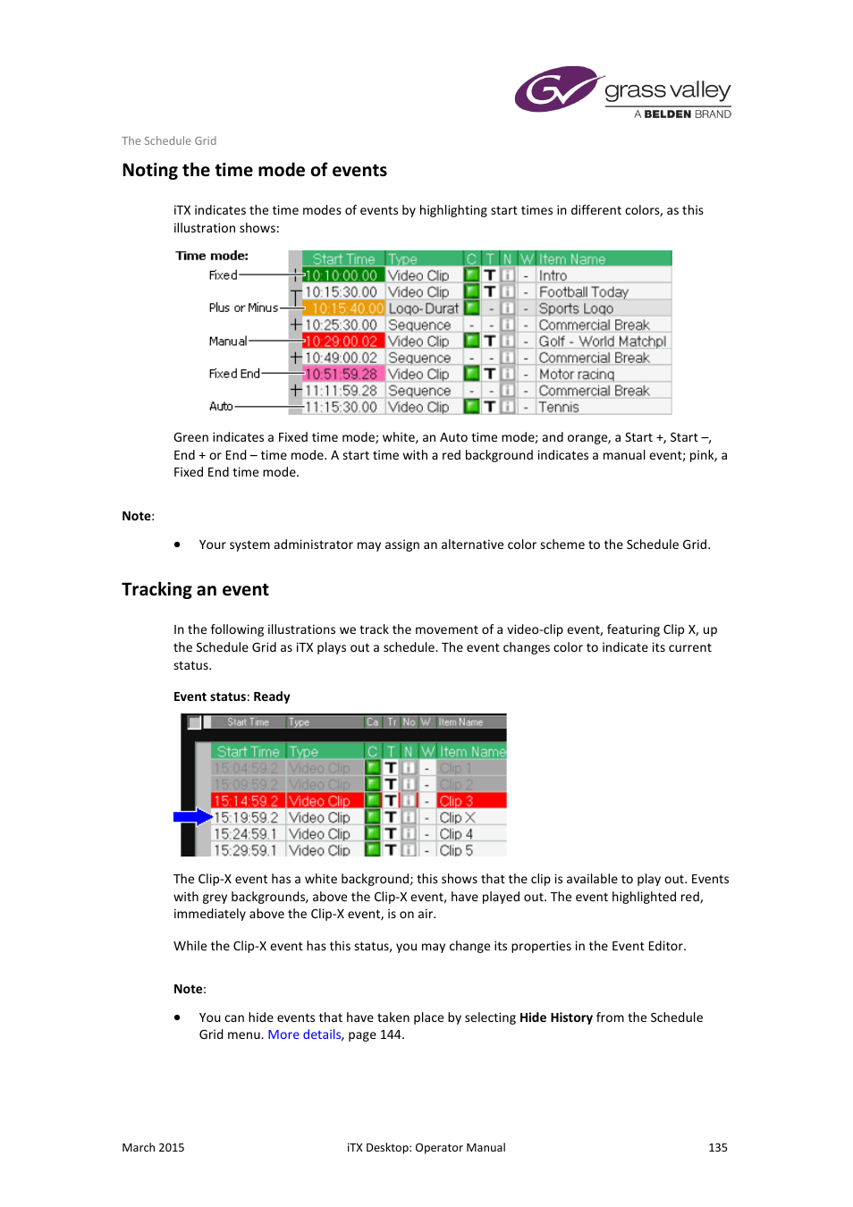 Noting the time mode of events, Tracking an event, Noting the time mode of events tracking an event | More details, E 135 | Grass Valley iTX Desktop v.2.6 User Manual | Page 155 / 373