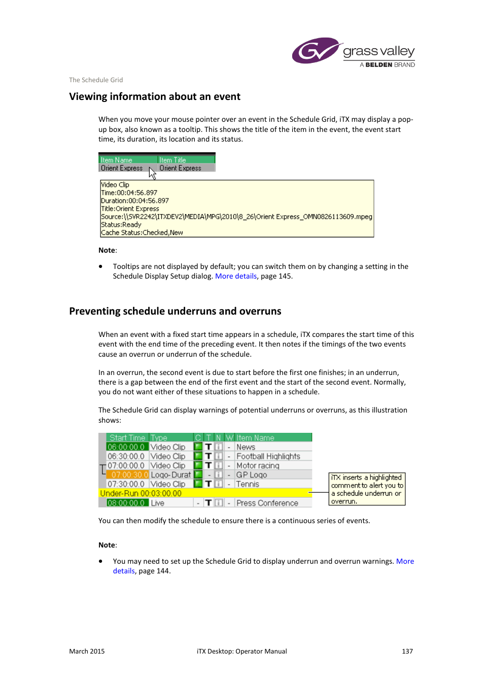Viewing information about an event, Preventing schedule underruns and overruns | Grass Valley iTX Desktop v.2.6 User Manual | Page 157 / 373