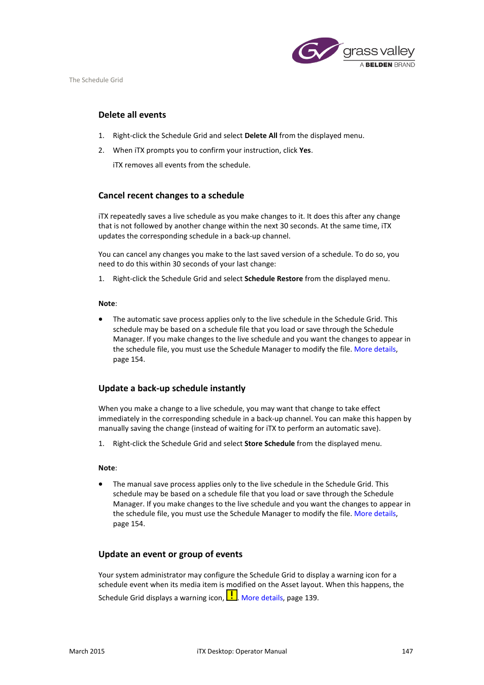 Delete all events, Cancel recent changes to a schedule, Update a back-up schedule instantly | Update an event or group of events | Grass Valley iTX Desktop v.2.6 User Manual | Page 167 / 373