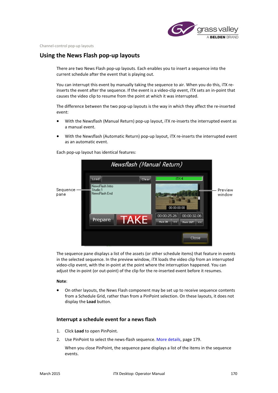 Using the news flash pop-up layouts, Interrupt a schedule event for a news flash | Grass Valley iTX Desktop v.2.6 User Manual | Page 190 / 373
