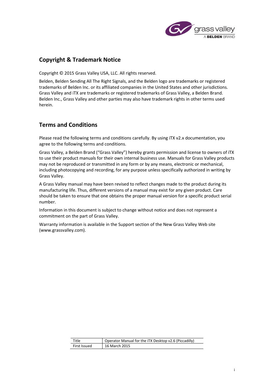 Copyright & trademark notice, Terms and conditions | Grass Valley iTX Desktop v.2.6 User Manual | Page 2 / 373