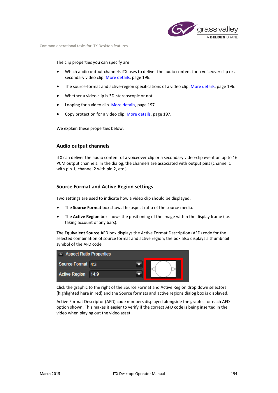Audio output channels, Source format and active region settings | Grass Valley iTX Desktop v.2.6 User Manual | Page 214 / 373