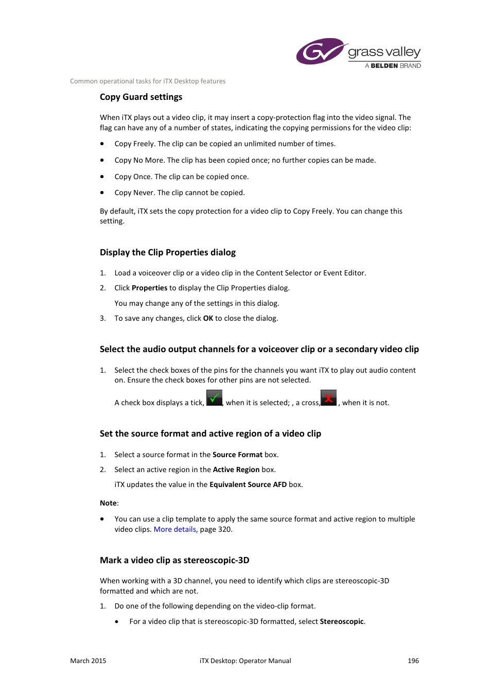 Copy guard settings, Display the clip properties dialog, Mark a video clip as stereoscopic-3d | More details, E 196, More, Details | Grass Valley iTX Desktop v.2.6 User Manual | Page 216 / 373