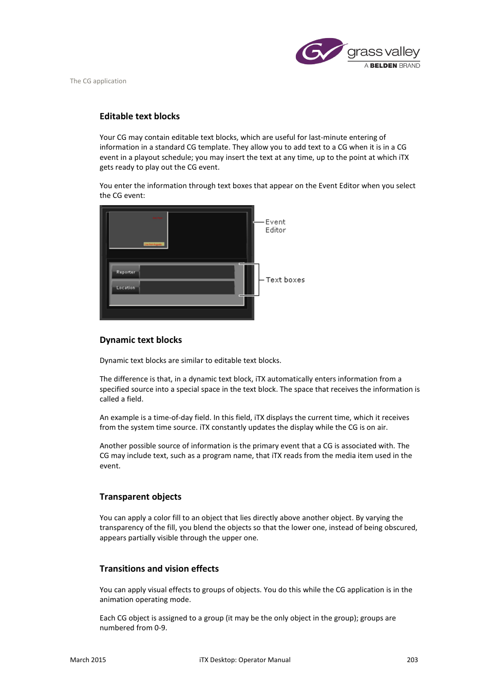 Editable text blocks, Dynamic text blocks, Transparent objects | Transitions and vision effects | Grass Valley iTX Desktop v.2.6 User Manual | Page 223 / 373
