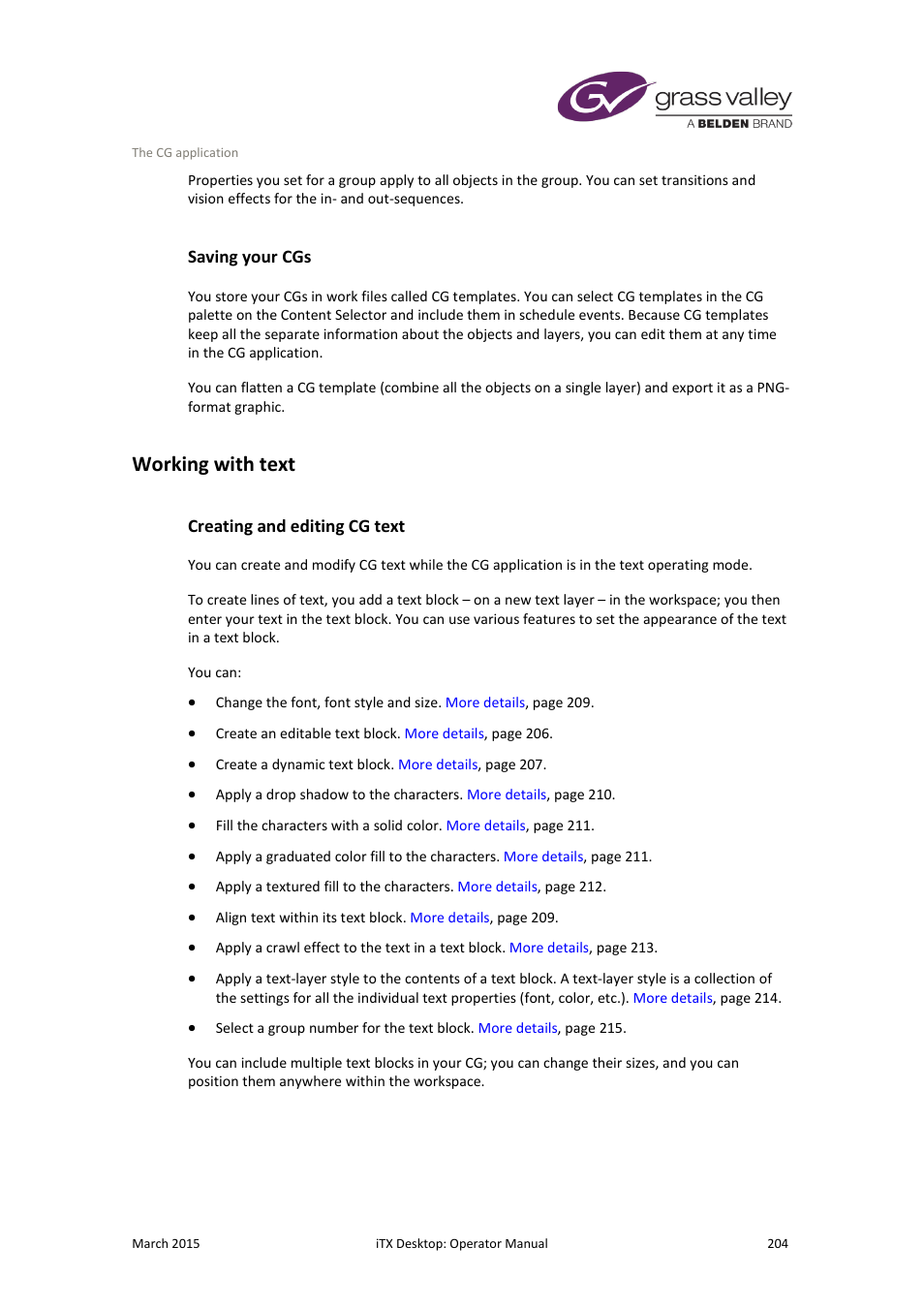 Saving your cgs, Working with text, Creating and editing cg text | Grass Valley iTX Desktop v.2.6 User Manual | Page 224 / 373