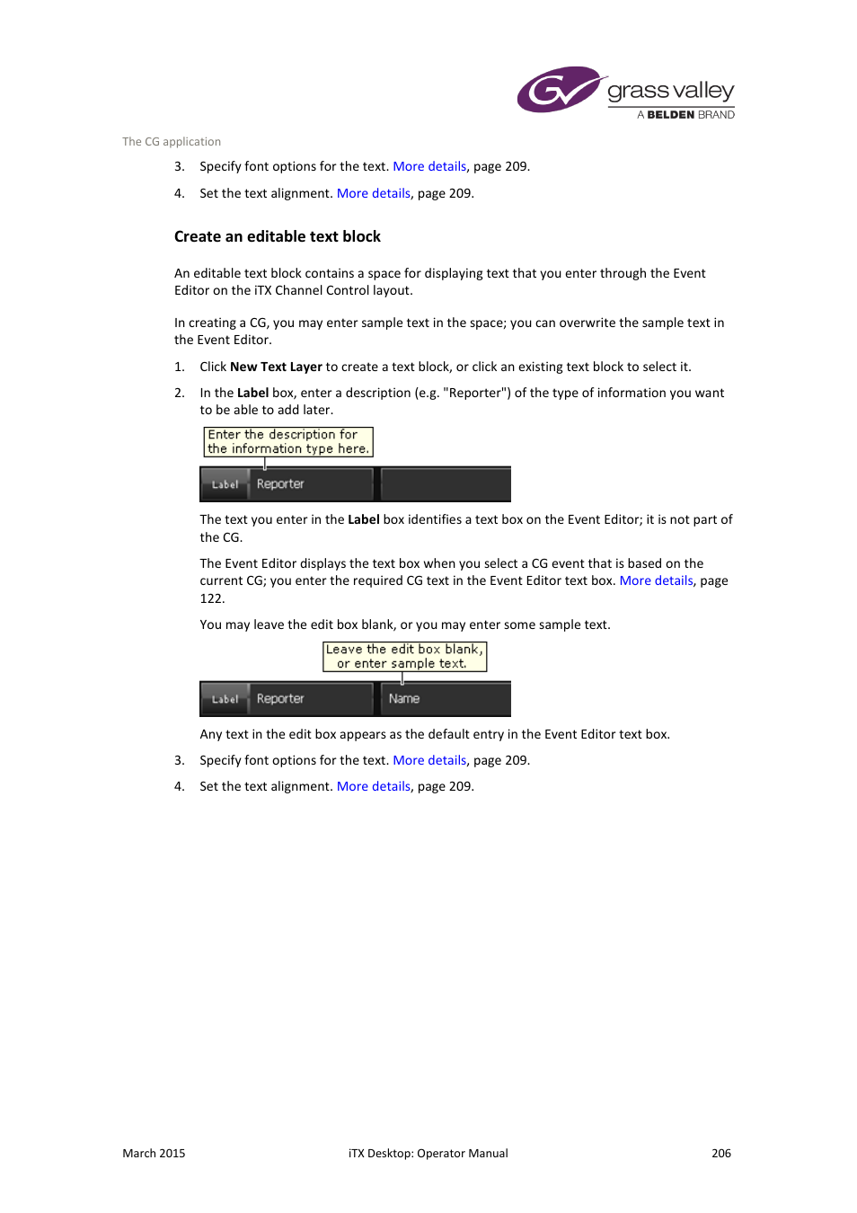 Create an editable text block, More details, E 206 | Grass Valley iTX Desktop v.2.6 User Manual | Page 226 / 373