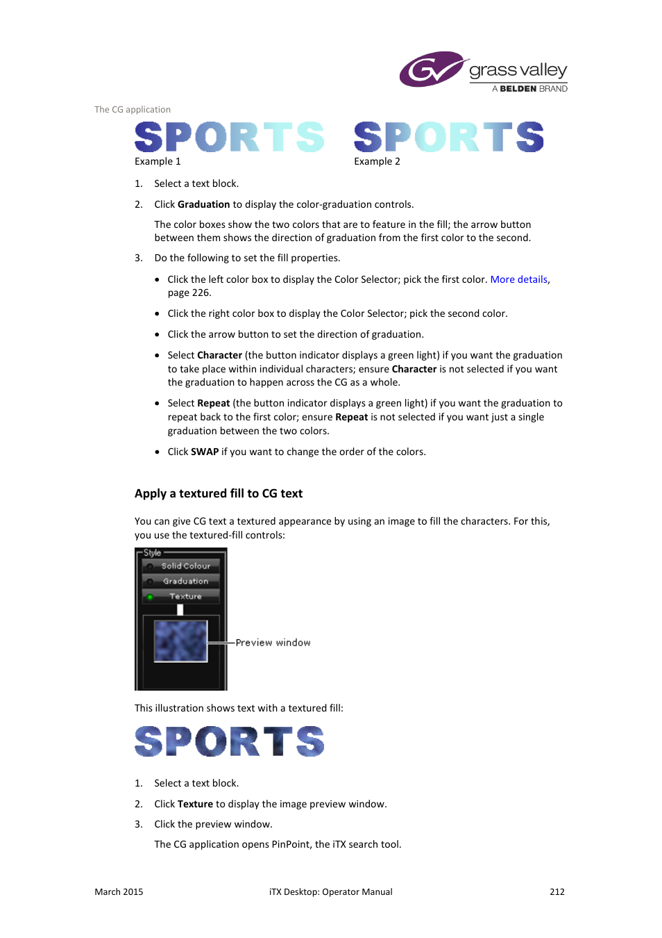 Apply a textured fill to cg text, More details, E 212 | Grass Valley iTX Desktop v.2.6 User Manual | Page 232 / 373