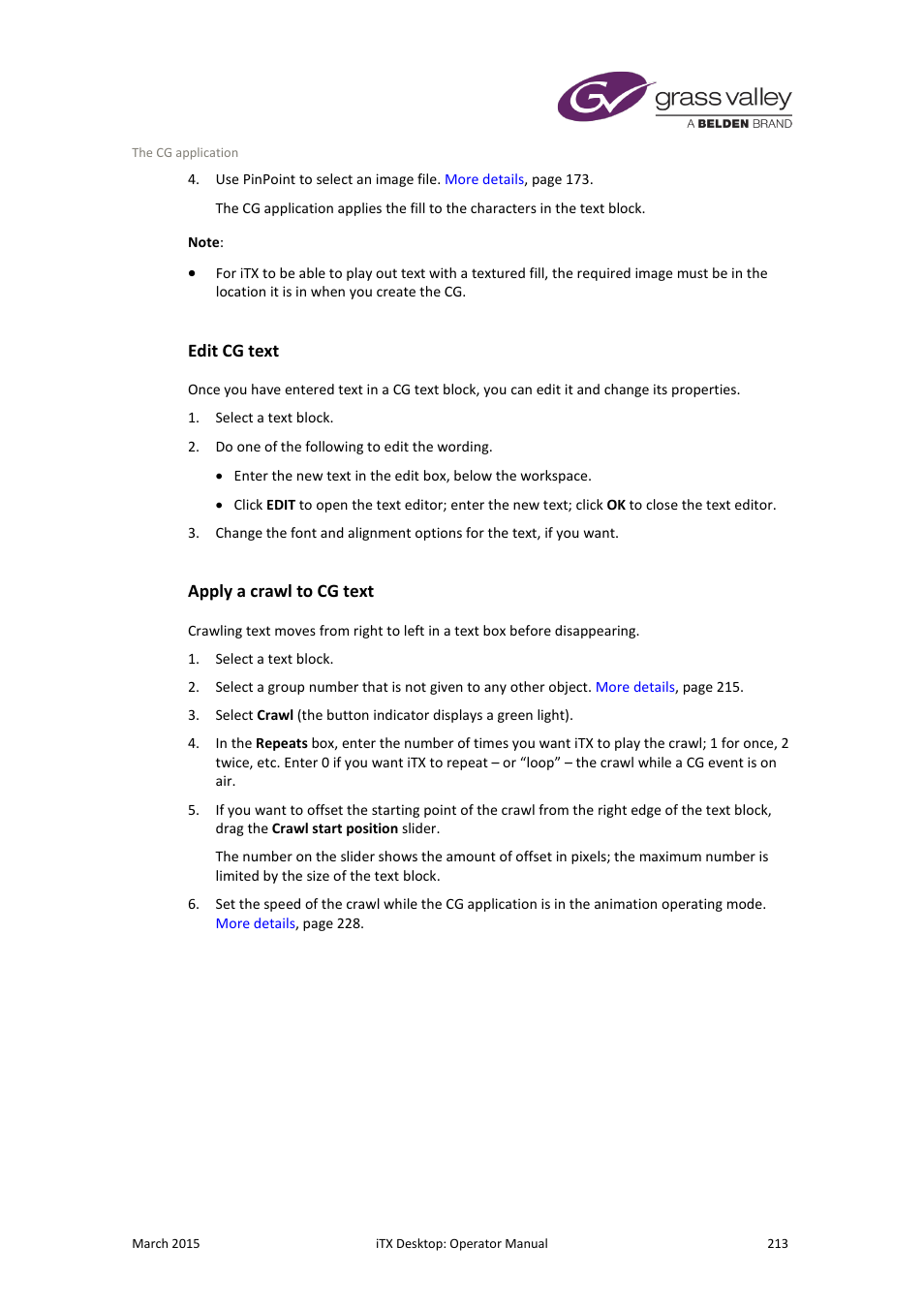 Edit cg text, Apply a crawl to cg text, More details | E 213 | Grass Valley iTX Desktop v.2.6 User Manual | Page 233 / 373