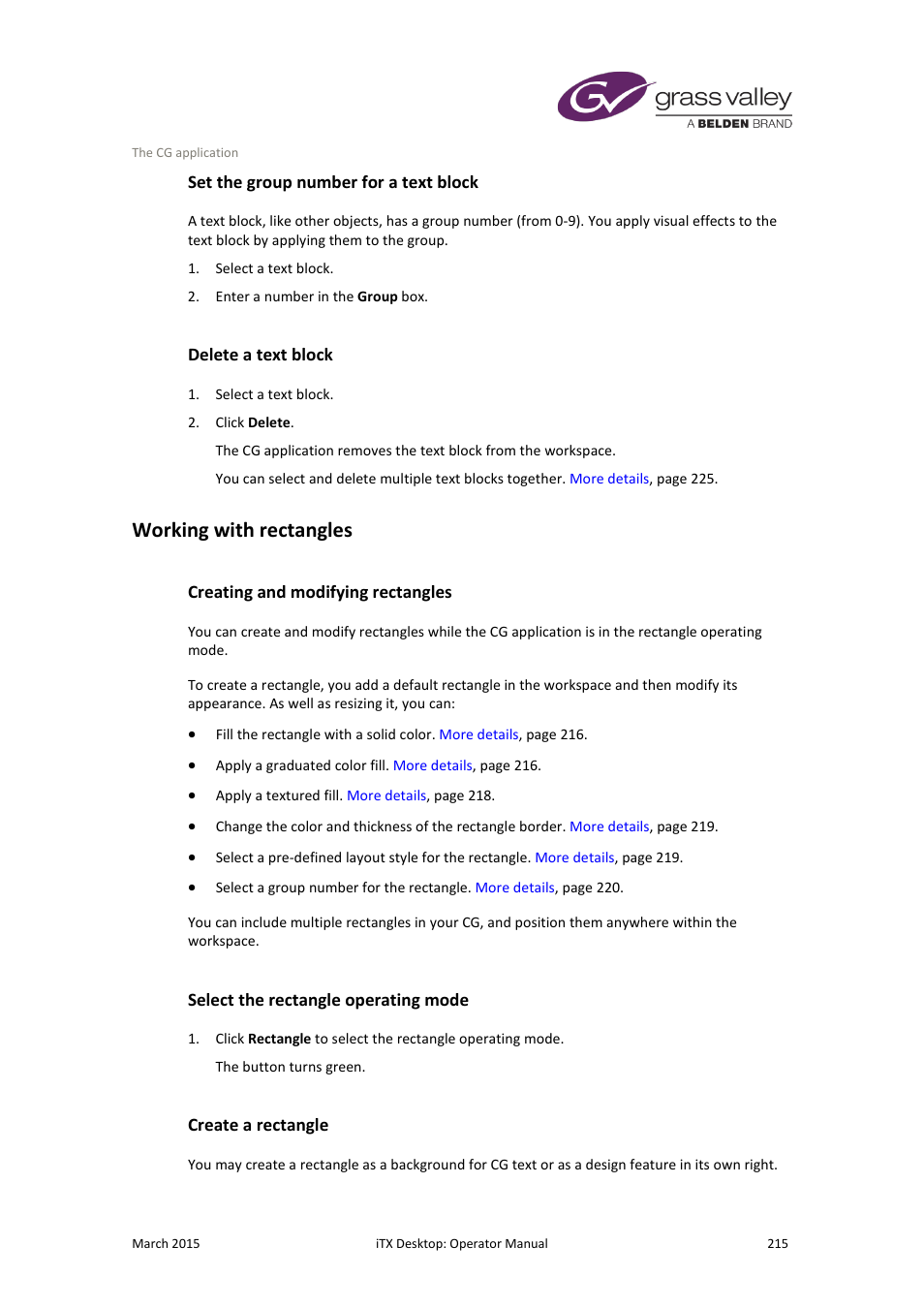 Set the group number for a text block, Delete a text block, Working with rectangles | Creating and modifying rectangles, Select the rectangle operating mode, Create a rectangle, More details, E 215 | Grass Valley iTX Desktop v.2.6 User Manual | Page 235 / 373
