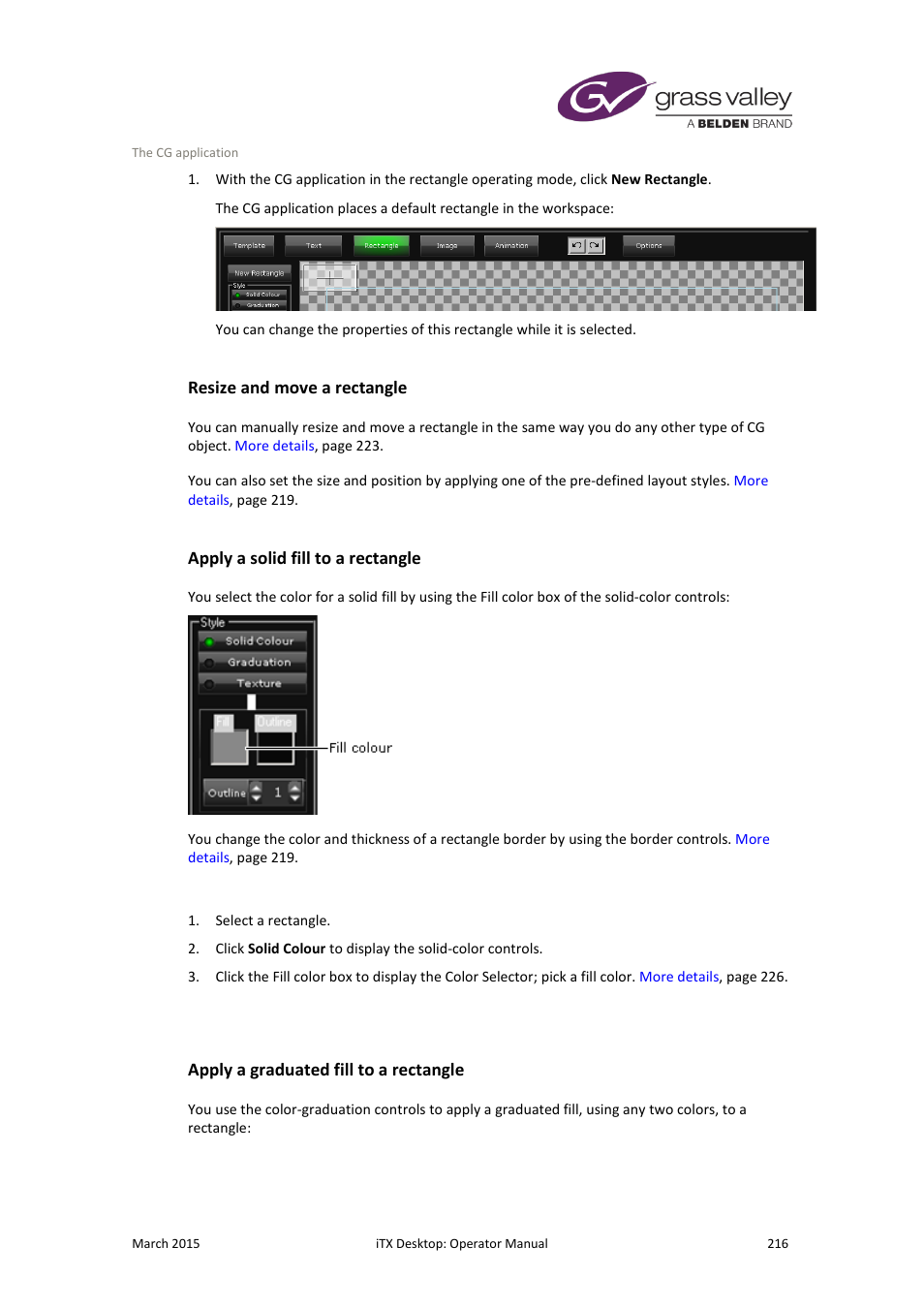 Resize and move a rectangle, Apply a solid fill to a rectangle, Apply a graduated fill to a rectangle | More details, E 216 | Grass Valley iTX Desktop v.2.6 User Manual | Page 236 / 373