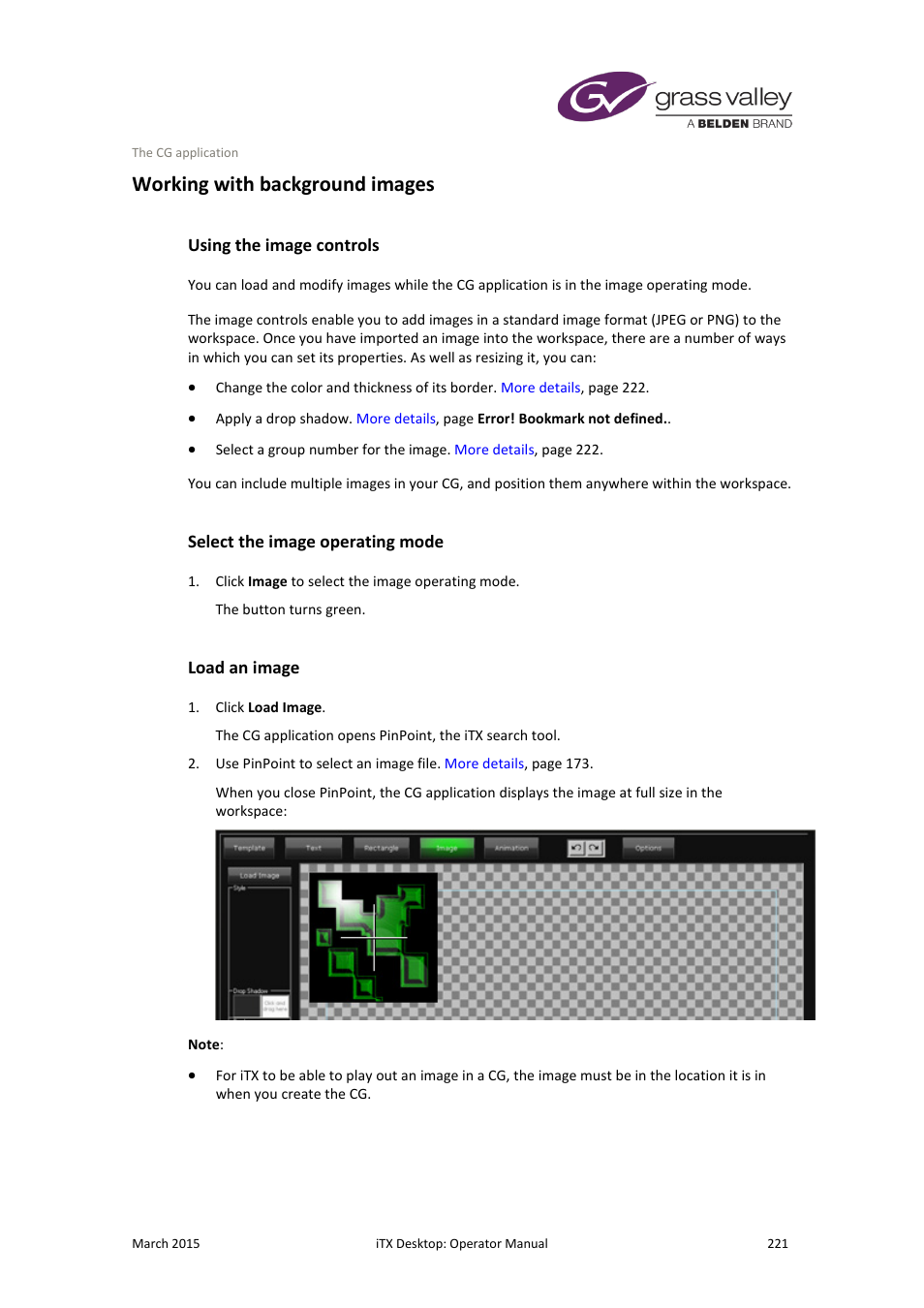 Working with background images, Using the image controls, Select the image operating mode | Load an image | Grass Valley iTX Desktop v.2.6 User Manual | Page 241 / 373