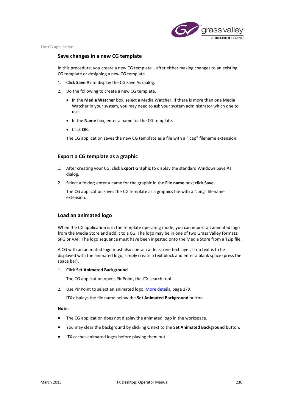 Save changes in a new cg template, Export a cg template as a graphic, Load an animated logo | Grass Valley iTX Desktop v.2.6 User Manual | Page 250 / 373