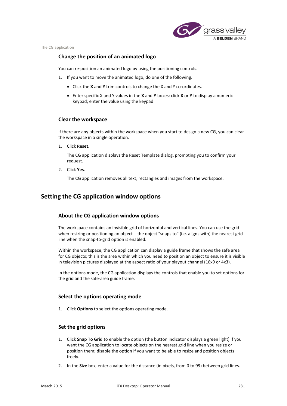 Change the position of an animated logo, Clear the workspace, Setting the cg application window options | About the cg application window options, Select the options operating mode, Set the grid options | Grass Valley iTX Desktop v.2.6 User Manual | Page 251 / 373