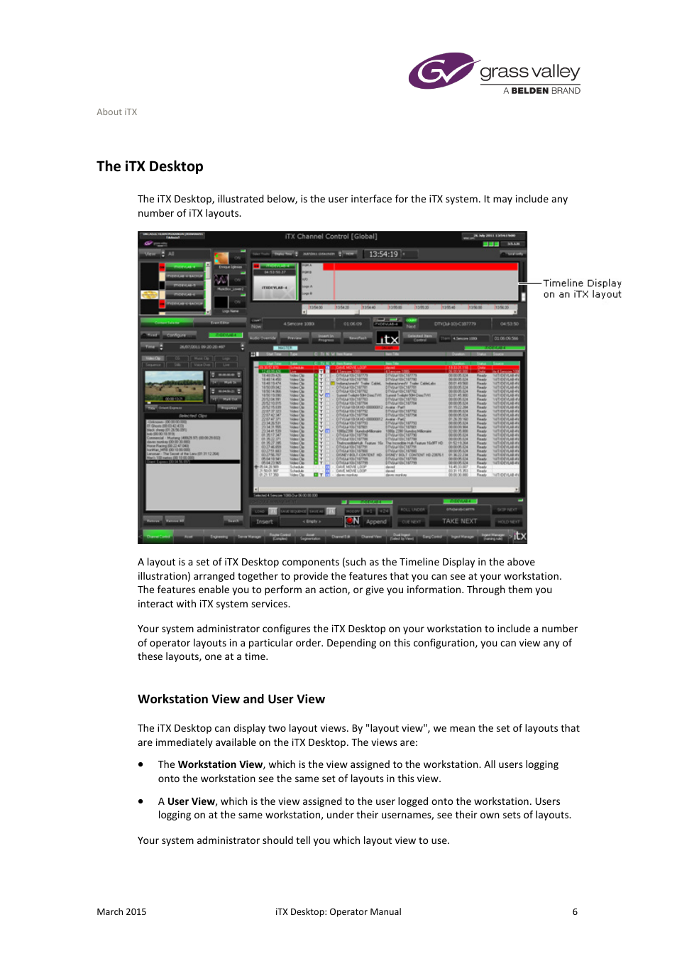 The itx desktop, Workstation view and user view | Grass Valley iTX Desktop v.2.6 User Manual | Page 26 / 373