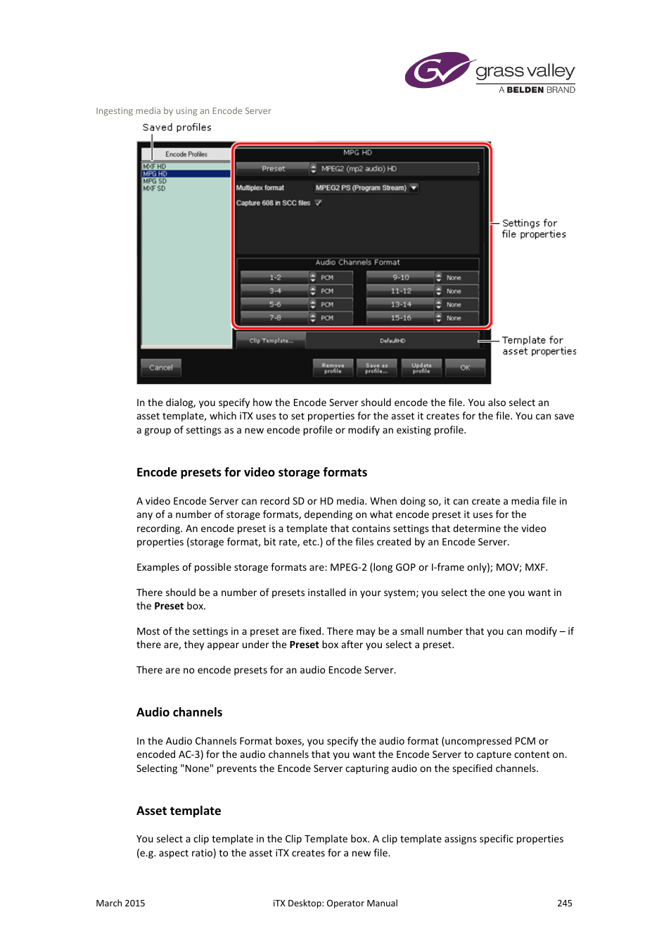 Encode presets for video storage formats, Audio channels, Asset template | Grass Valley iTX Desktop v.2.6 User Manual | Page 265 / 373