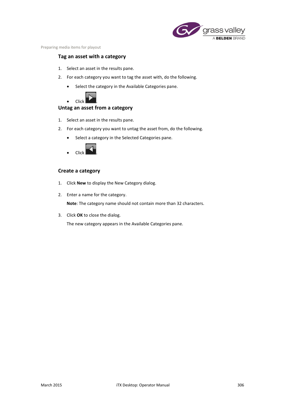 Tag an asset with a category, Untag an asset from a category, Create a category | Grass Valley iTX Desktop v.2.6 User Manual | Page 326 / 373