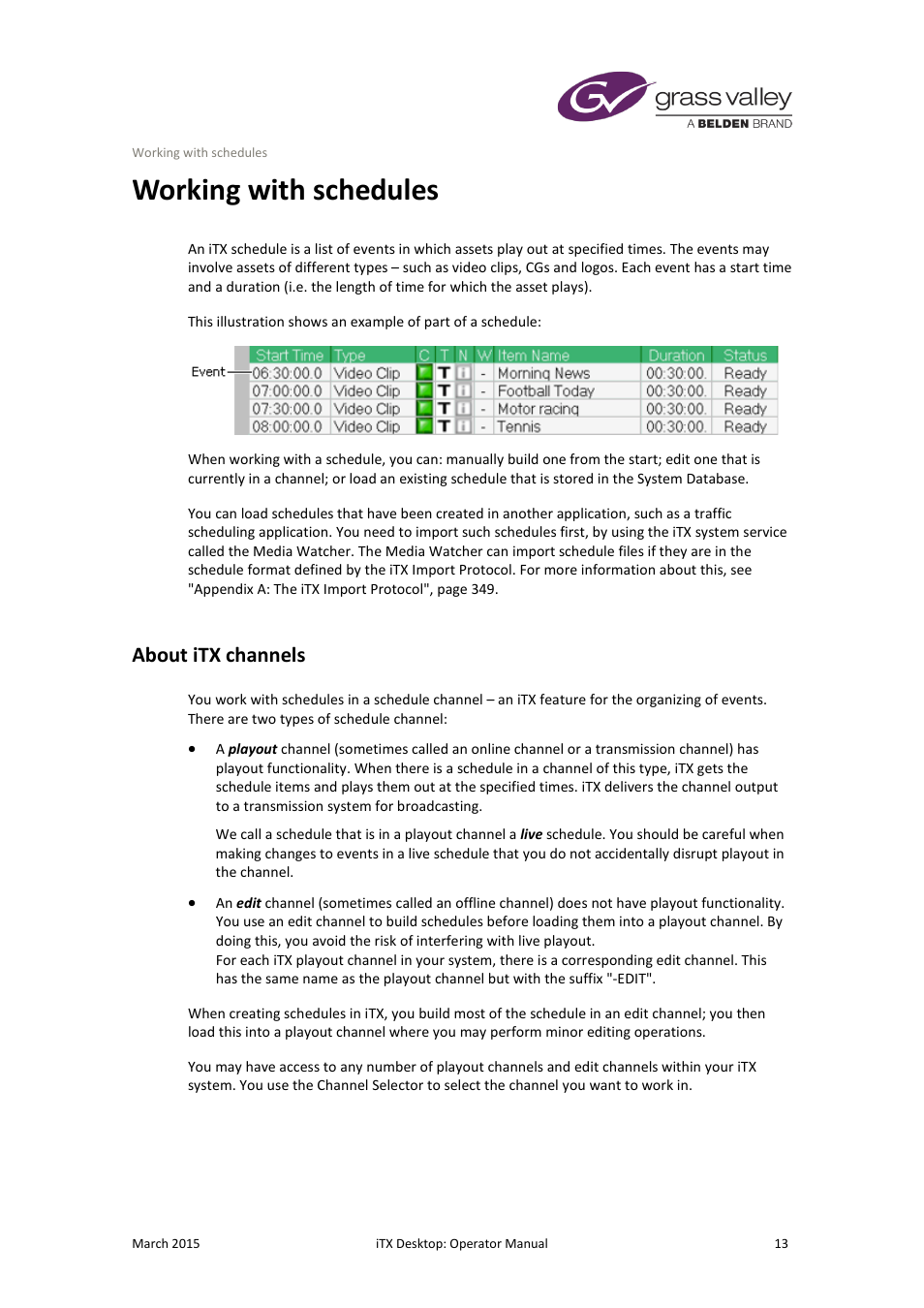 Working with schedules, About itx channels | Grass Valley iTX Desktop v.2.6 User Manual | Page 33 / 373