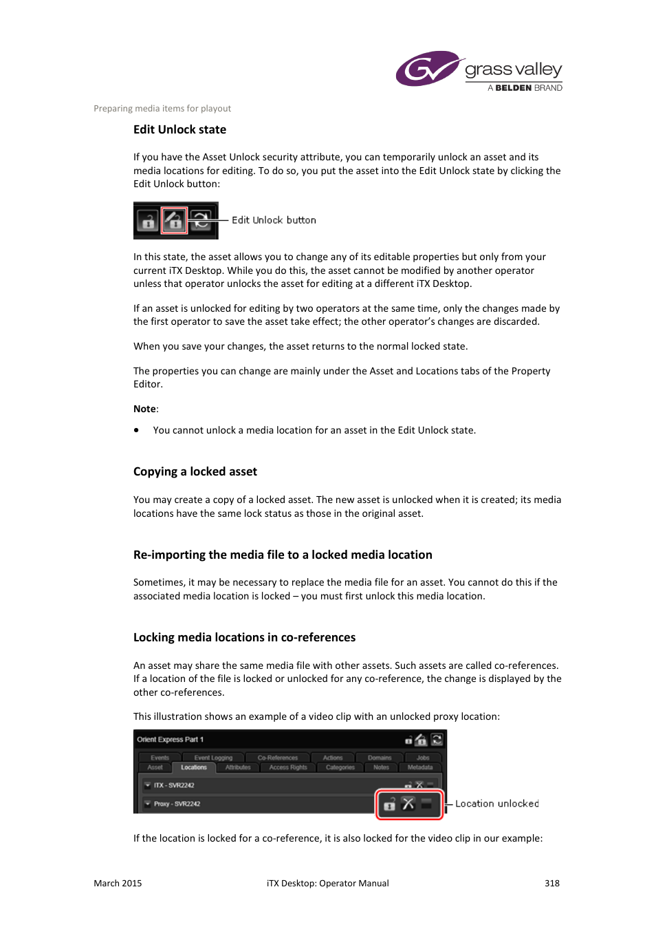 Edit unlock state, Copying a locked asset, Locking media locations in co-references | Grass Valley iTX Desktop v.2.6 User Manual | Page 338 / 373