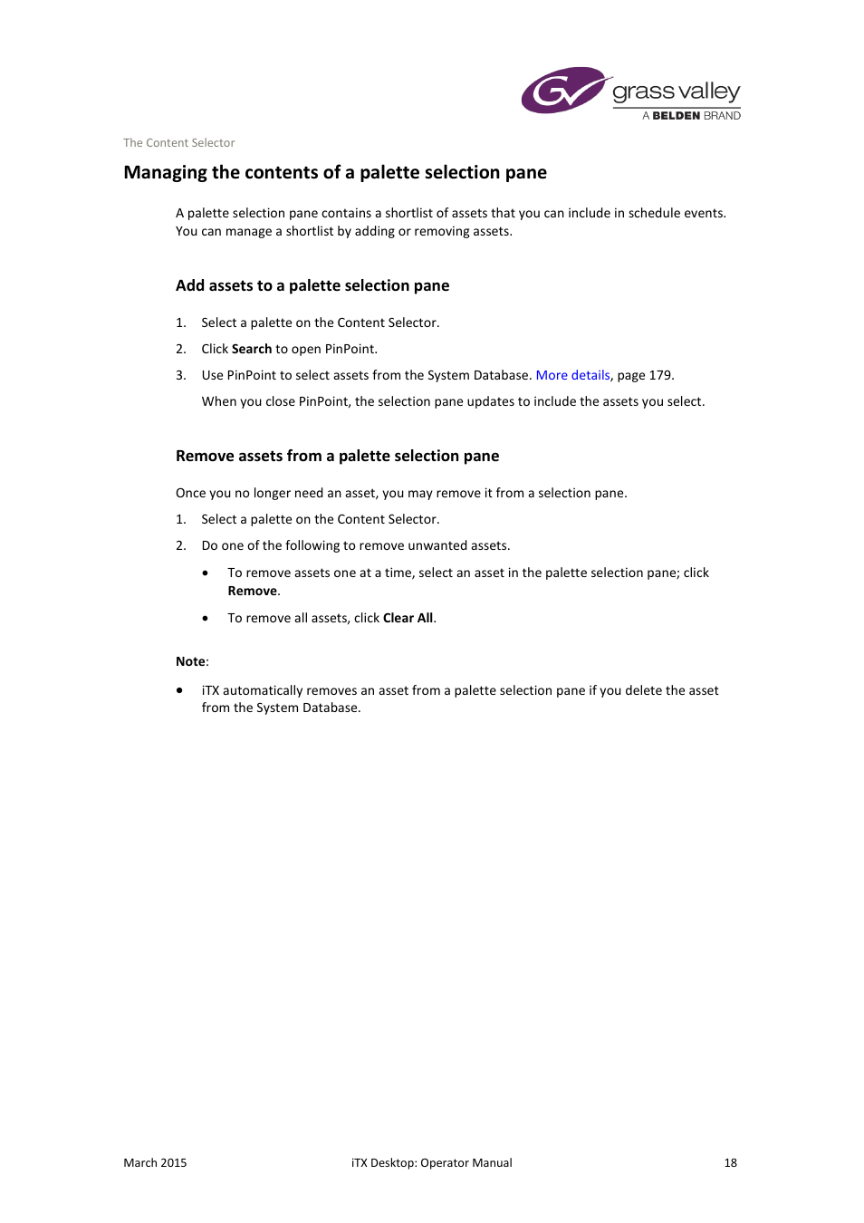 Managing the contents of a palette selection pane, Add assets to a palette selection pane, Remove assets from a palette selection pane | Grass Valley iTX Desktop v.2.6 User Manual | Page 38 / 373