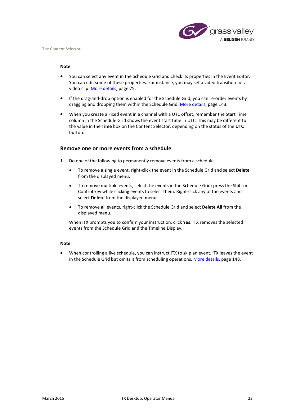 Remove one or more events from a schedule | Grass Valley iTX Desktop v.2.6 User Manual | Page 43 / 373