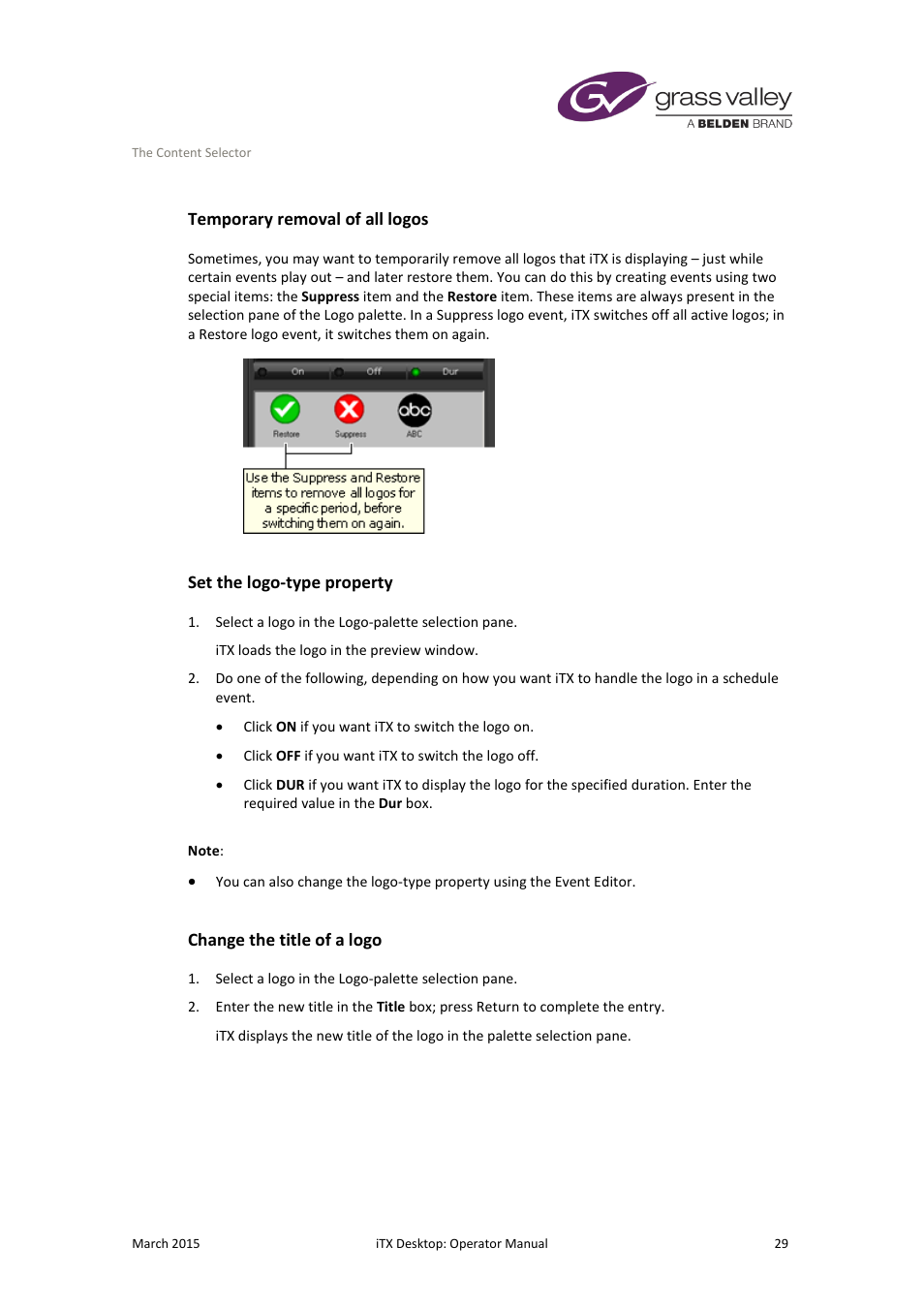 Temporary removal of all logos, Set the logo-type property, Change the title of a logo | Grass Valley iTX Desktop v.2.6 User Manual | Page 49 / 373