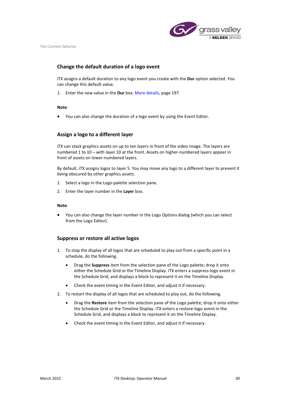 Change the default duration of a logo event, Assign a logo to a different layer, Suppress or restore all active logos | Grass Valley iTX Desktop v.2.6 User Manual | Page 50 / 373