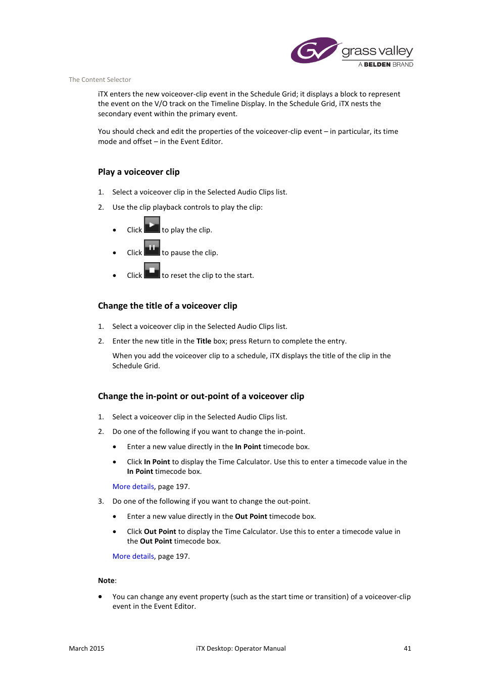 Play a voiceover clip, Change the title of a voiceover clip | Grass Valley iTX Desktop v.2.6 User Manual | Page 61 / 373