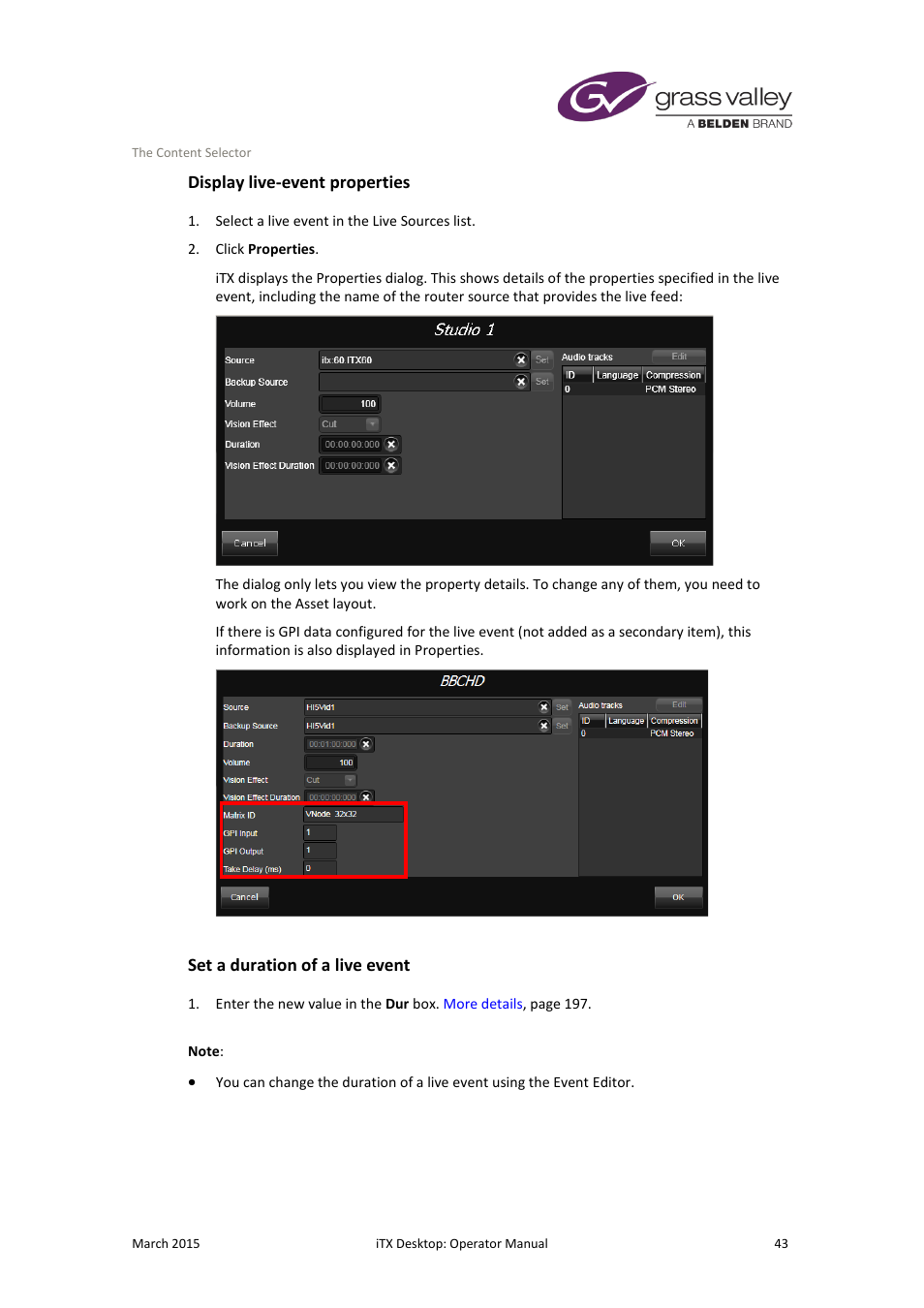 Display live-event properties, Set a duration of a live event | Grass Valley iTX Desktop v.2.6 User Manual | Page 63 / 373