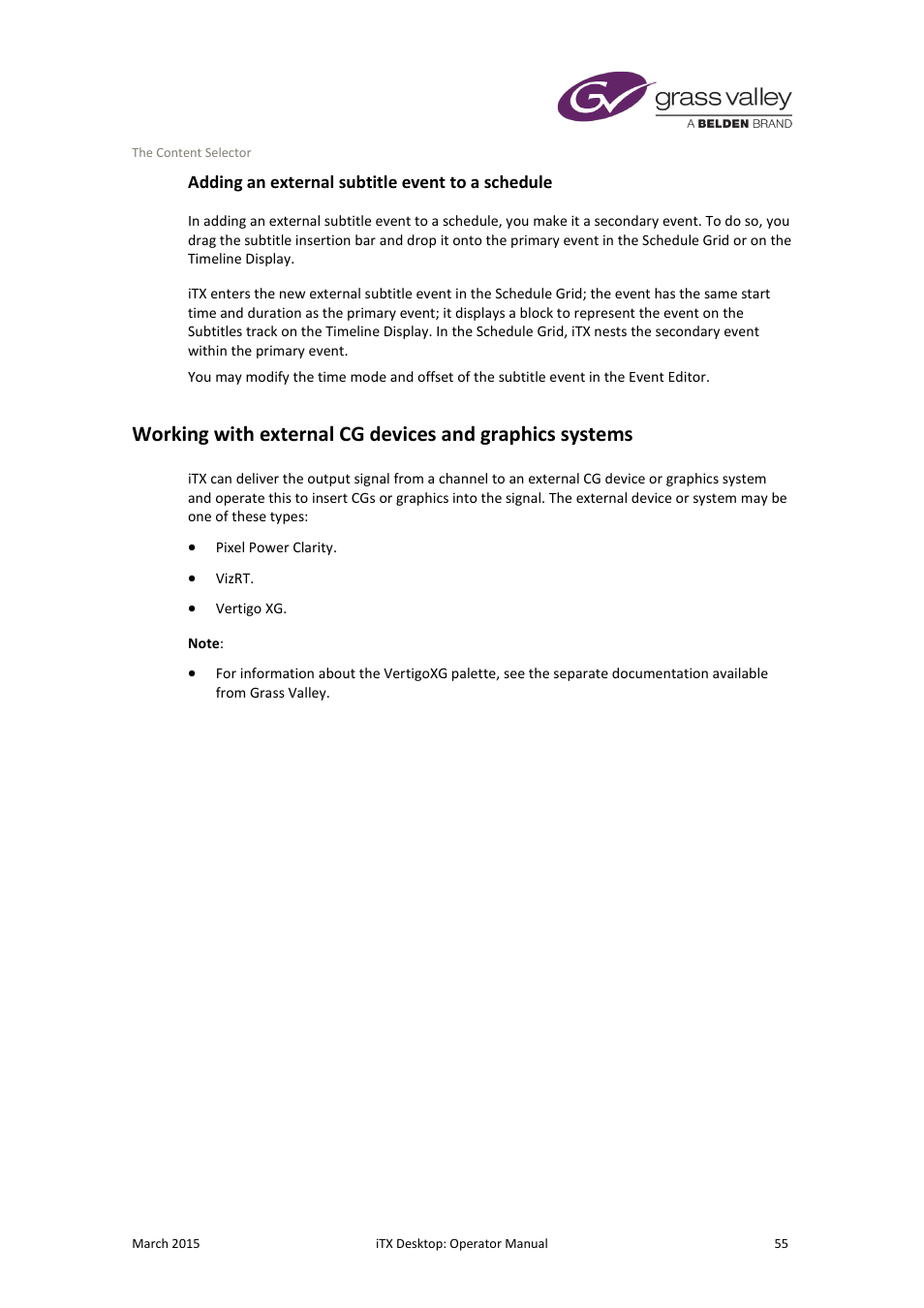 Adding an external subtitle event to a schedule | Grass Valley iTX Desktop v.2.6 User Manual | Page 75 / 373