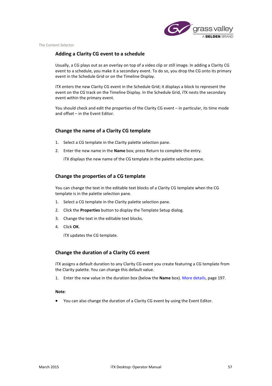 Adding a clarity cg event to a schedule, Change the name of a clarity cg template, Change the properties of a cg template | Change the duration of a clarity cg event | Grass Valley iTX Desktop v.2.6 User Manual | Page 77 / 373